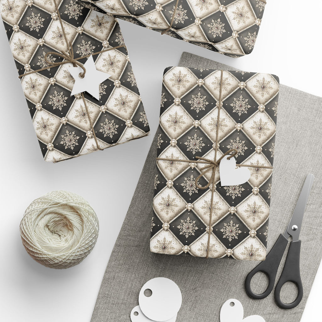 Tufted Snowflake Christmas Wrapping Paper, Black Cream Harlequin Gift Wrap Roll, Elegant Pearl Holiday Paper