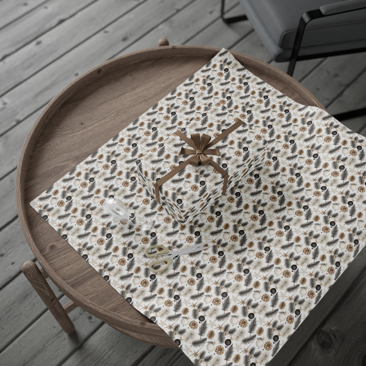 Neutral Christmas Wrapping Paper, Pinecone Pine Branch Gift Wrap Roll, Beige Black White Woodland Winter Holiday Wrap, Matte Paper, Free Shipping