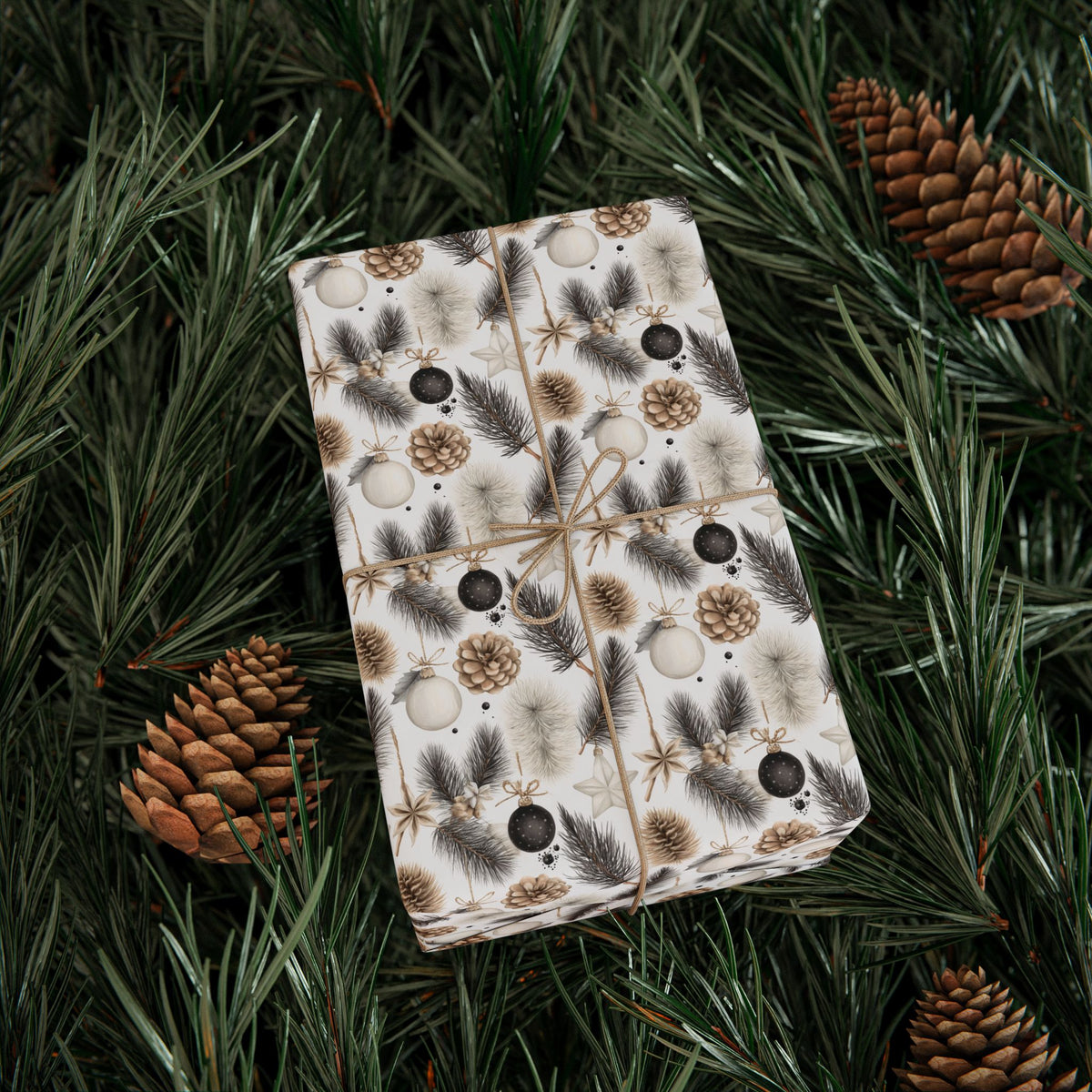 Neutral Christmas Wrapping Paper, Pinecone Pine Branch Gift Wrap Roll, Beige Black White Woodland Winter Holiday Wrap, Matte Paper, Free Shipping