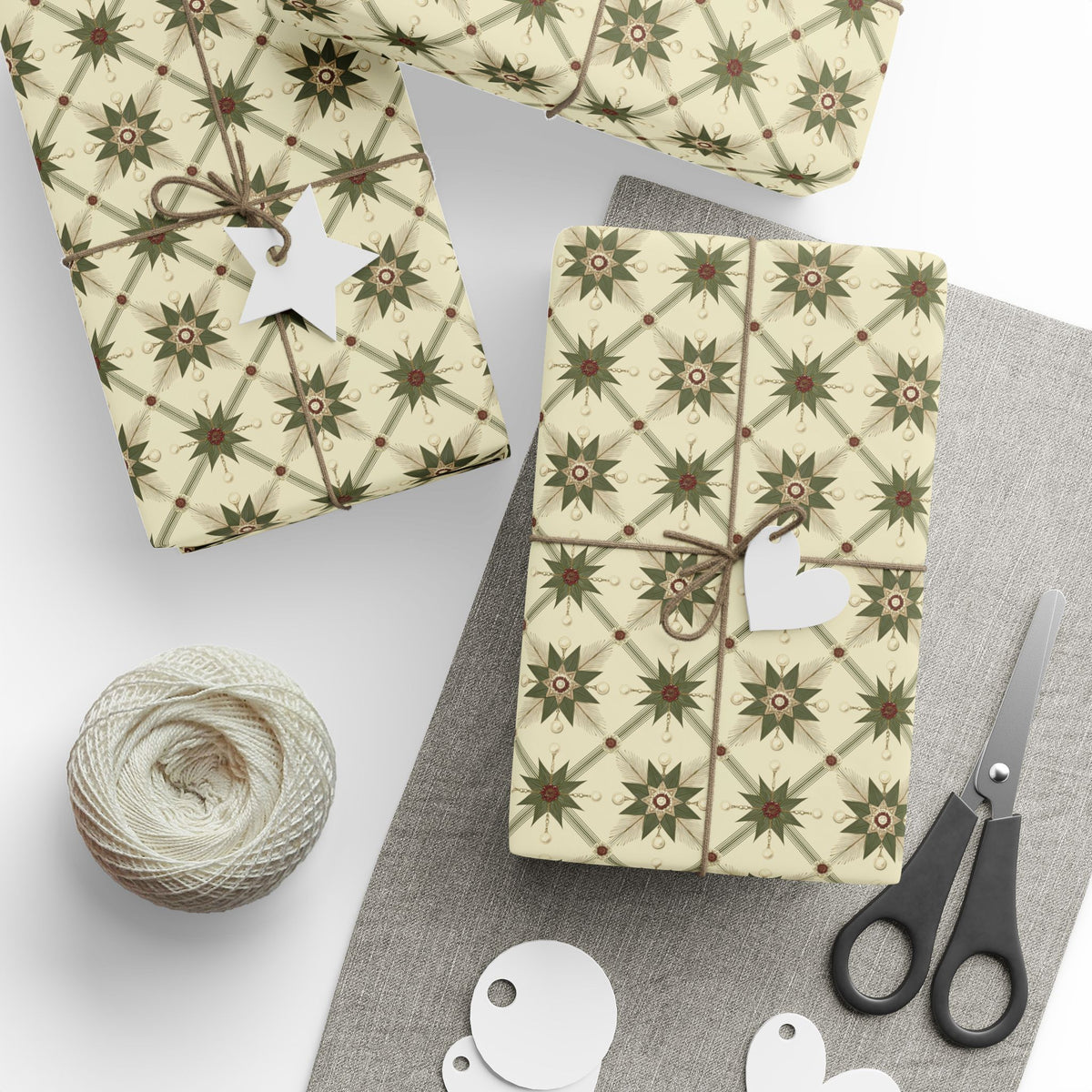 Folk Star Christmas Wrapping Paper, Sage Green Cream Quilt Block Gift Wrap Roll, Vintage Primitive Nordic Holiday Wrap, Matte Paper, Free Shipping