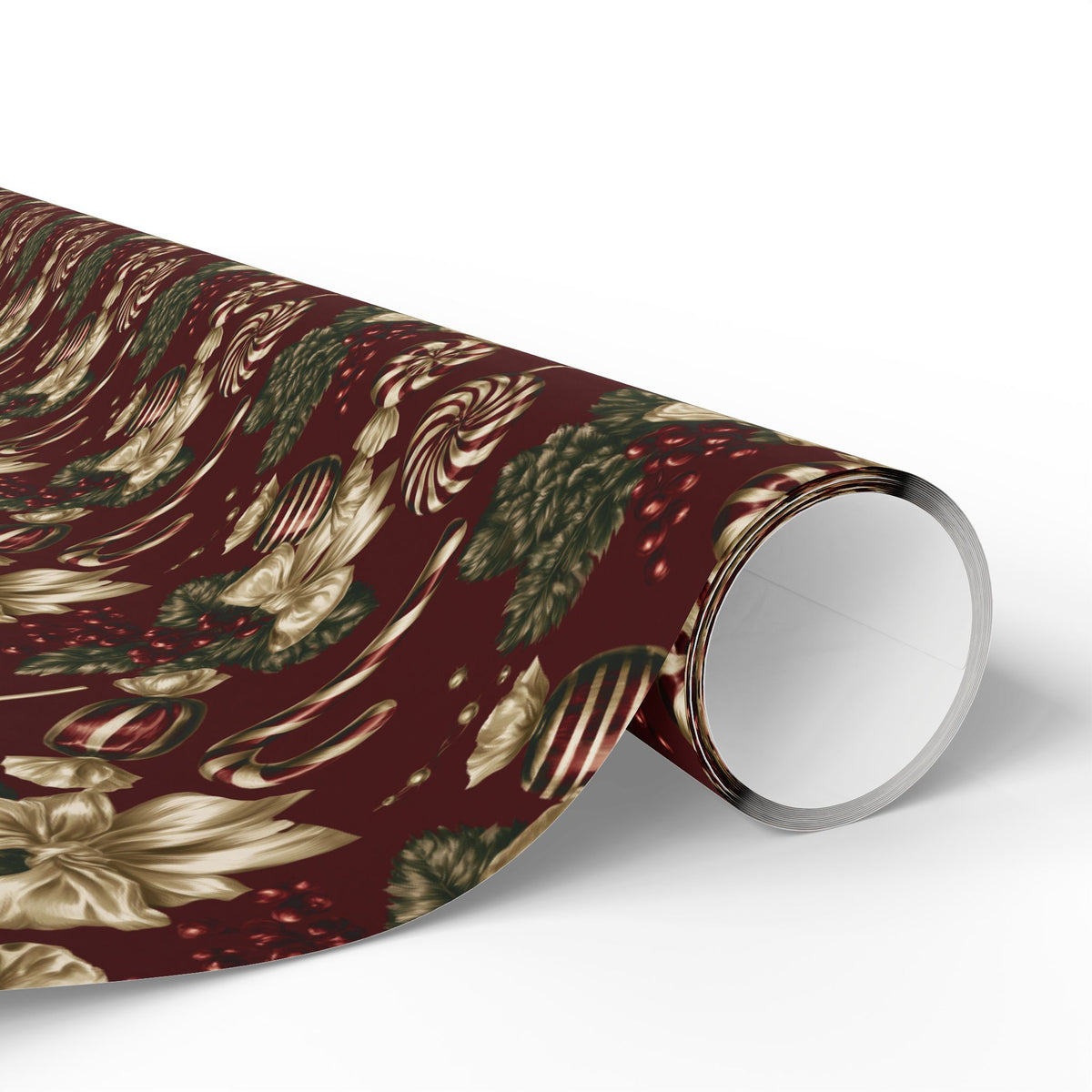 Burgundy Gold Christmas Wrapping Paper, Dark Red Vintage Gift Wrap Roll, Peppermint Lollipop Candy Cane Holiday Wrap, Matte Paper, Free Shipping