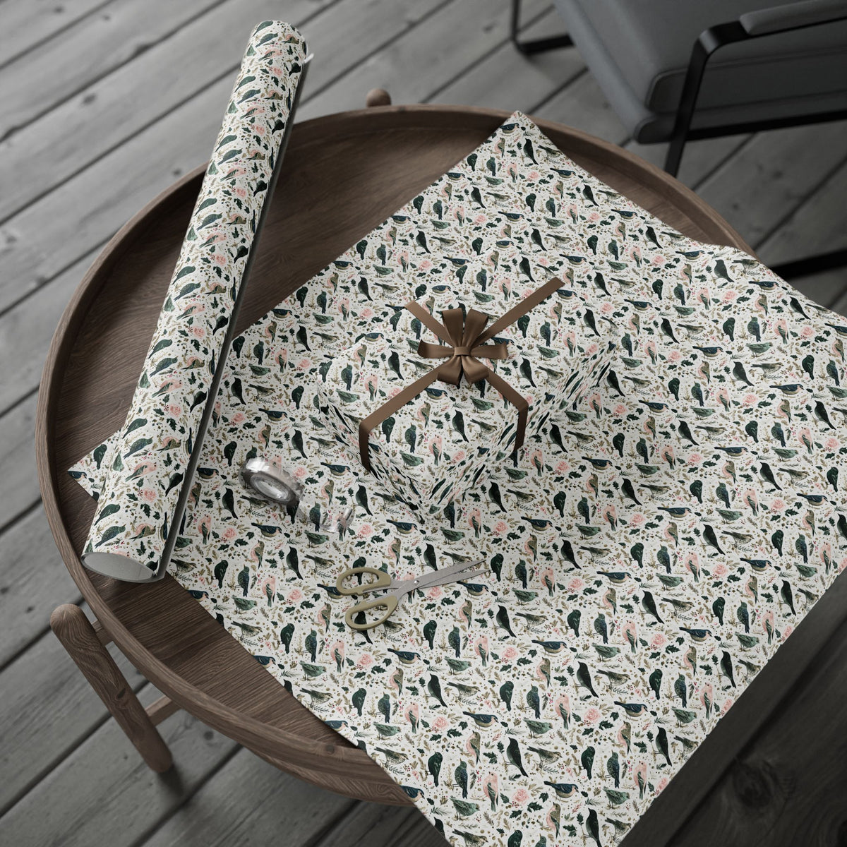 Watercolor Winter Bird Wrapping Paper, Pink Green Gold Botanical Gift Wrap Roll, Elegant Holiday Paper, Matte