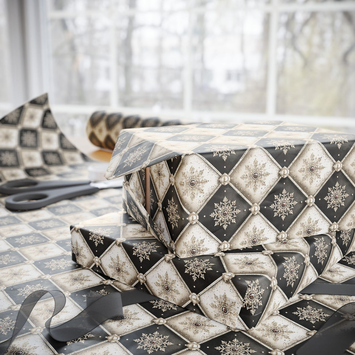 Tufted Snowflake Christmas Wrapping Paper, Black Cream Harlequin Gift Wrap Roll, Elegant Pearl Holiday Paper