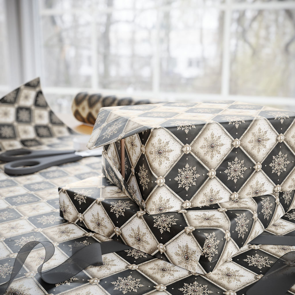 Tufted Snowflake Christmas Wrapping Paper, Black Cream Harlequin Gift Wrap Roll, Elegant Pearl Holiday Paper