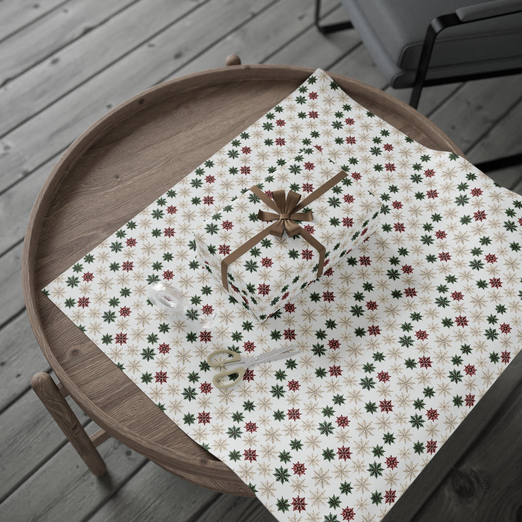 Watercolor Snowflake Christmas Wrapping Paper, Red Green Gold Gift Wrap Roll, Classic White Holiday Paper, Matte