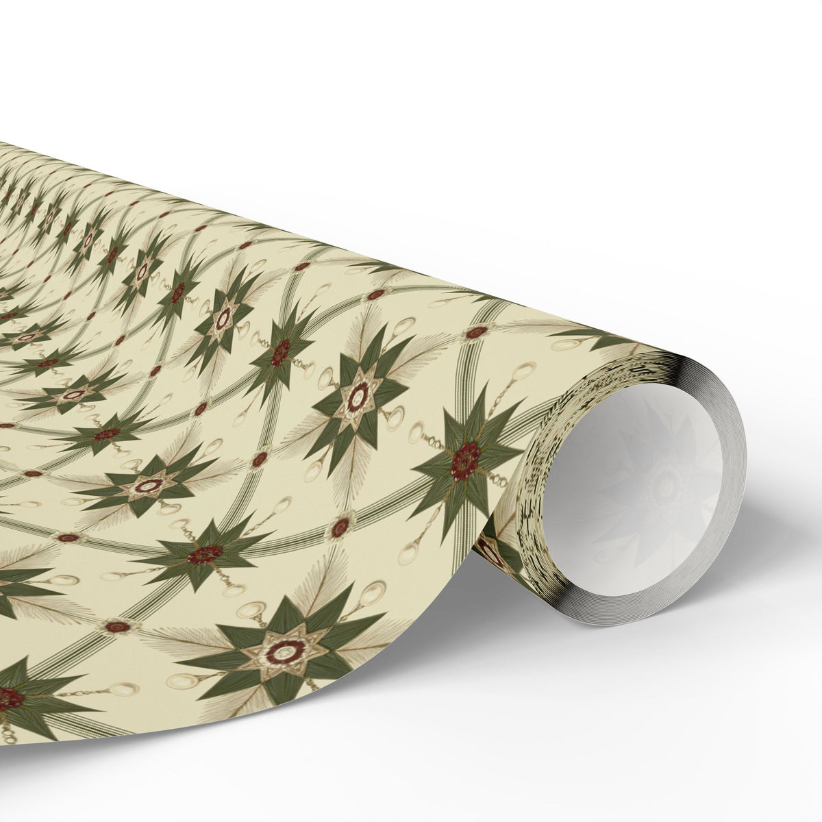Folk Star Christmas Wrapping Paper, Sage Green Cream Quilt Block Gift Wrap Roll, Vintage Primitive Nordic Holiday Wrap, Matte Paper, Free Shipping
