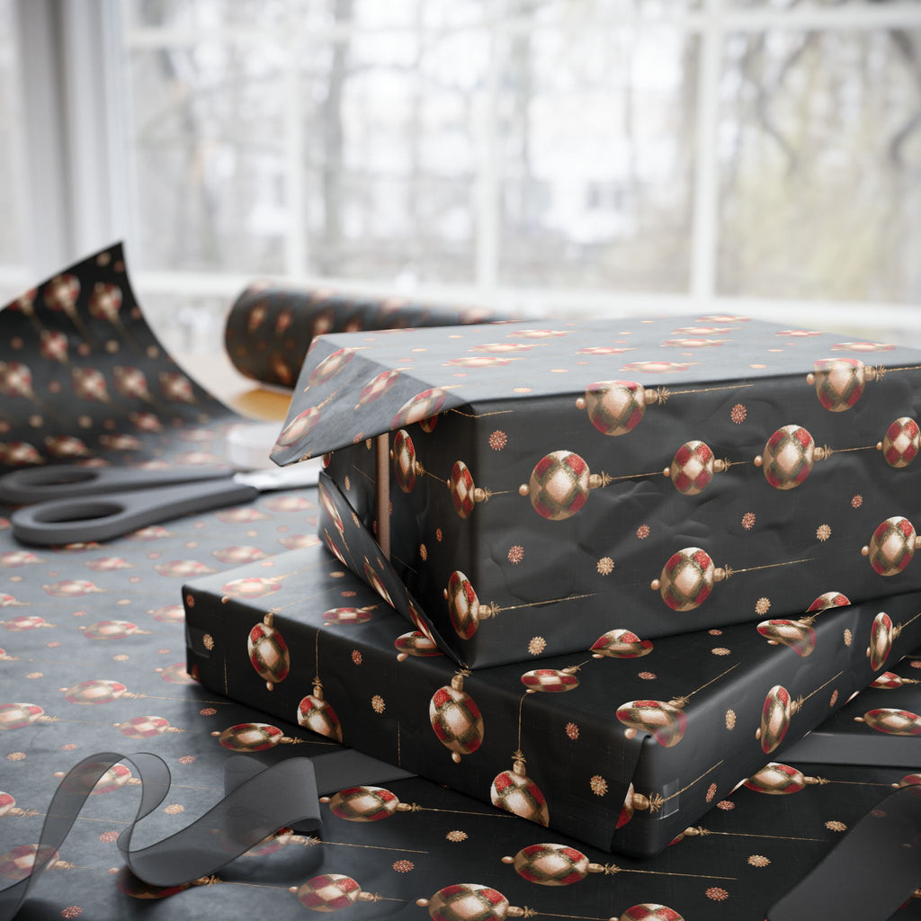Black Plaid Ornament Wrapping Paper, Buffalo Check Bauble Gift Wrap Roll, Dark Moody Minimalist Christmas Wrap, Matte Paper, Free Shipping