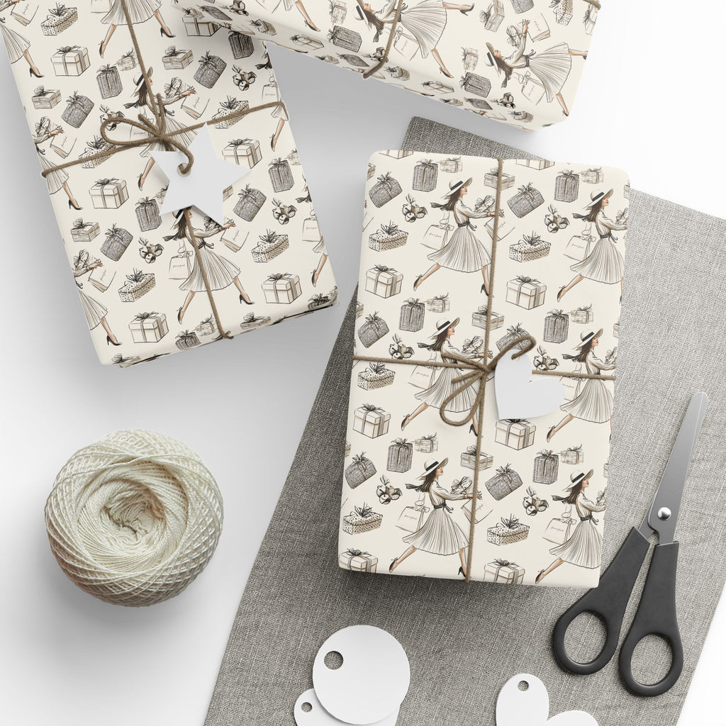 Fashion Illustration Christmas Wrapping Paper, Chic Sketch Gift Wrap Roll, Cream Black Ink Holiday Paper, Matte