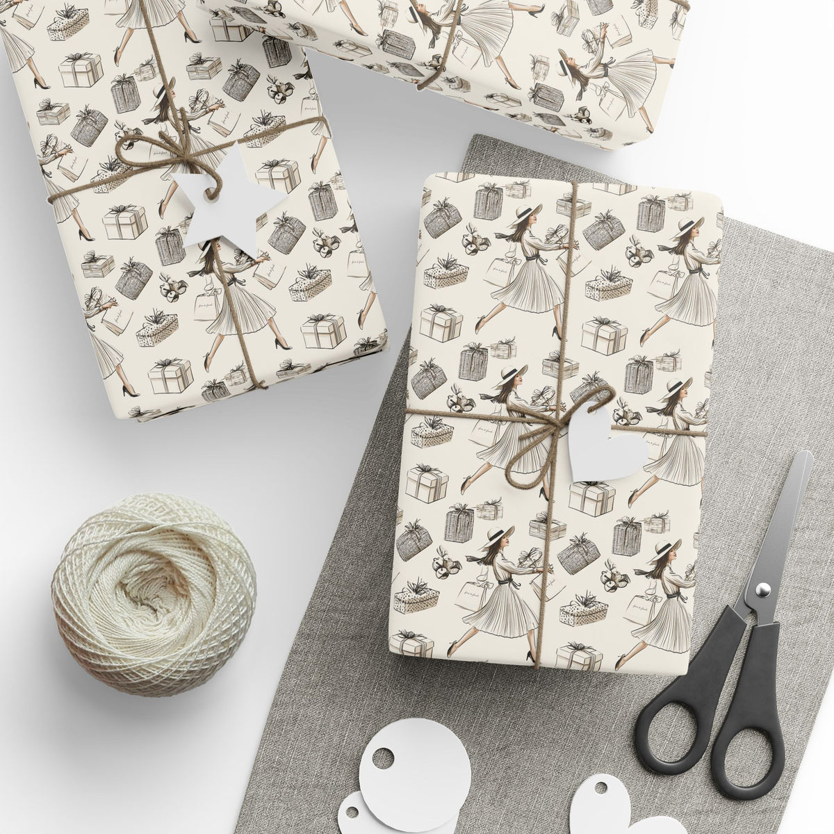 Fashion Illustration Christmas Wrapping Paper, Chic Sketch Gift Wrap Roll, Cream Black Ink Holiday Paper, Matte