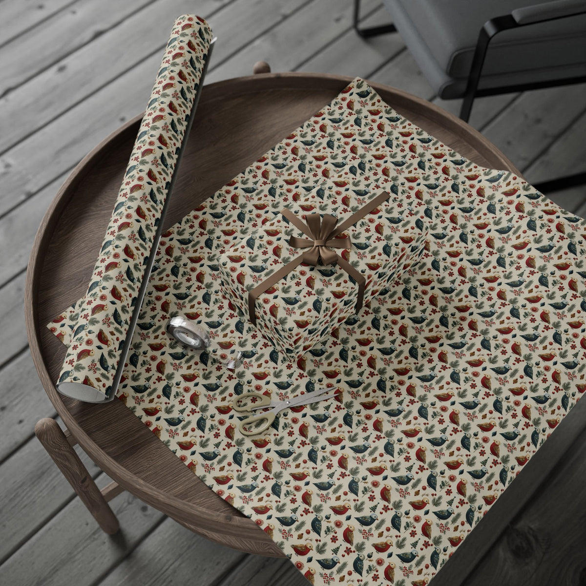 Folk Art Christmas Bird Wrapping Paper, Scandinavian Robin Gift Wrap Roll, Red Blue Cream Holiday Paper, Matte
