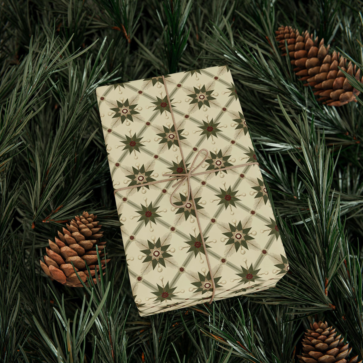 Folk Star Christmas Wrapping Paper, Sage Green Cream Quilt Block Gift Wrap Roll, Vintage Primitive Nordic Holiday Wrap, Matte Paper, Free Shipping