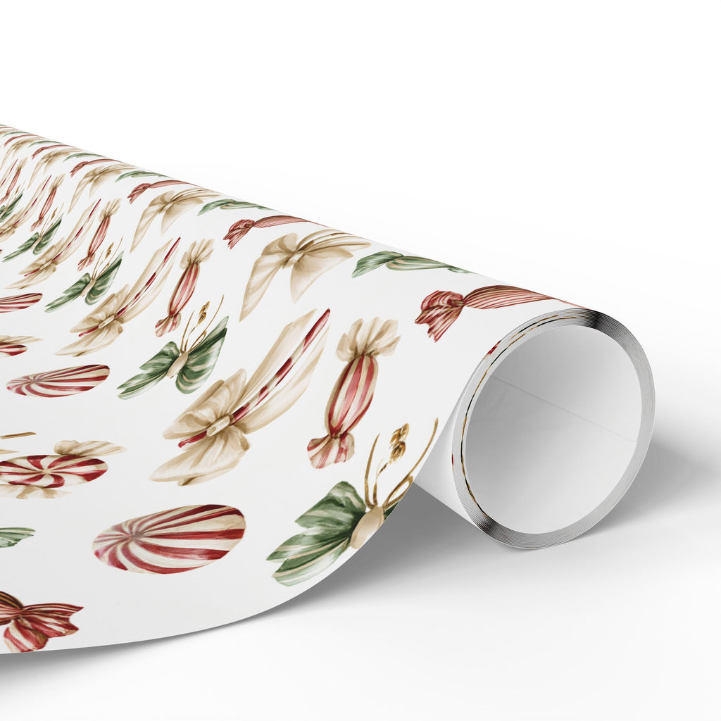 Watercolor Christmas Candy Wrapping Paper, White Coquette Bow Gift Wrap Roll, Peppermint Sweets Holiday Wrap, Matte Paper, Free Shipping