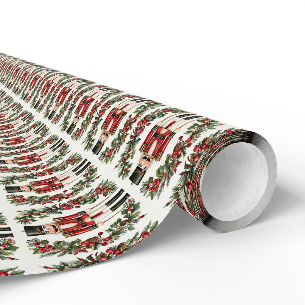 Red Nutcracker Christmas Wrapping Paper, Holly Berry Toy Soldier Gift Wrap Roll, Classic Watercolor Traditional Holiday Wrap, Matte Paper, Free Shipping