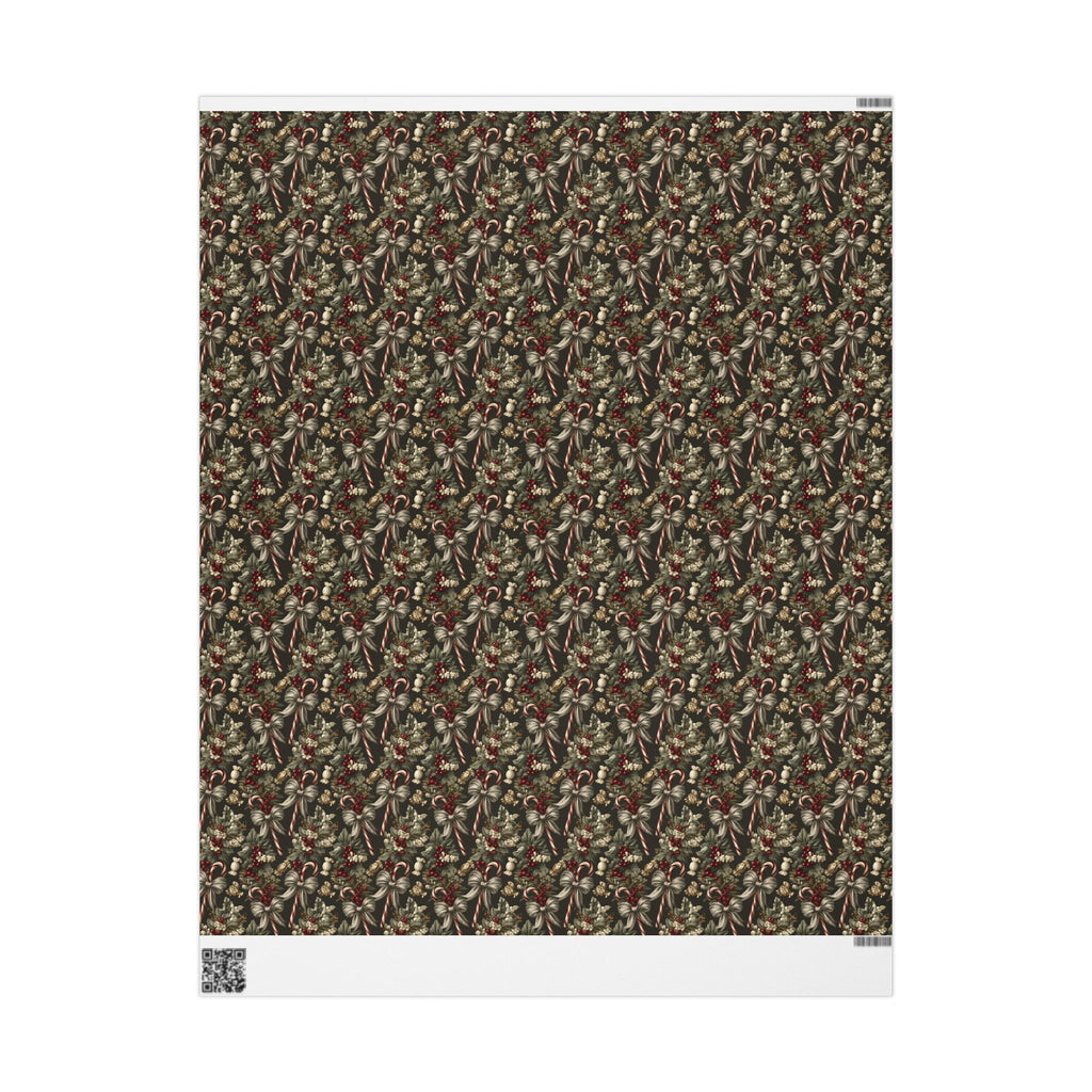 Dark Moody Christmas Wrapping Paper, Olive Green Vintage Gift Wrap Roll, Candy Cane Ribbon Bow Holiday Wrap, Matte Paper, Free Shipping