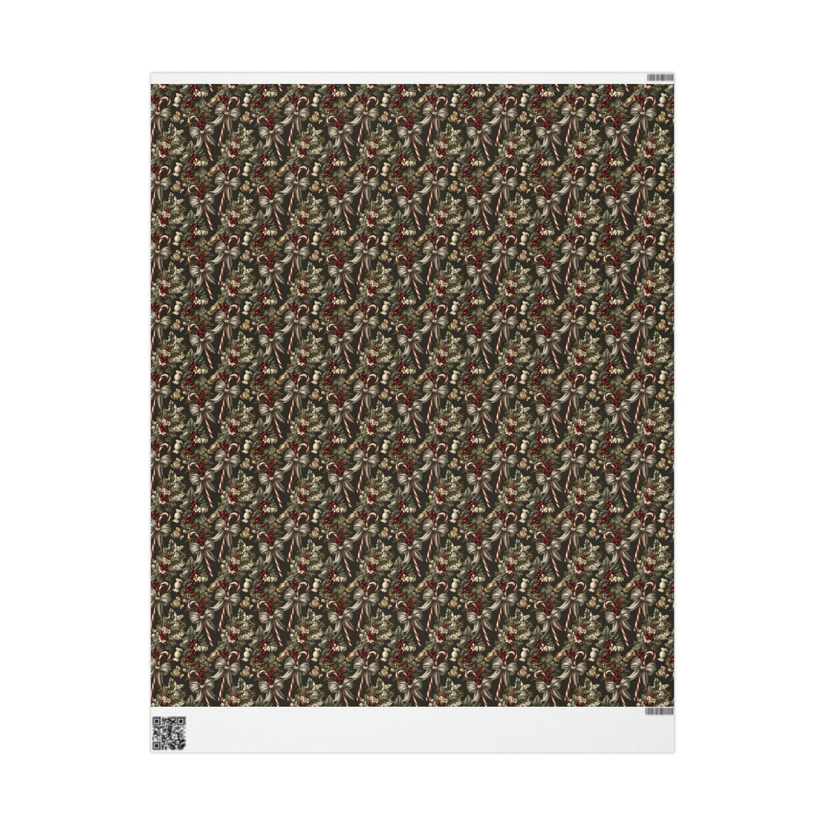 Dark Moody Christmas Wrapping Paper, Olive Green Vintage Gift Wrap Roll, Candy Cane Ribbon Bow Holiday Wrap, Matte Paper, Free Shipping