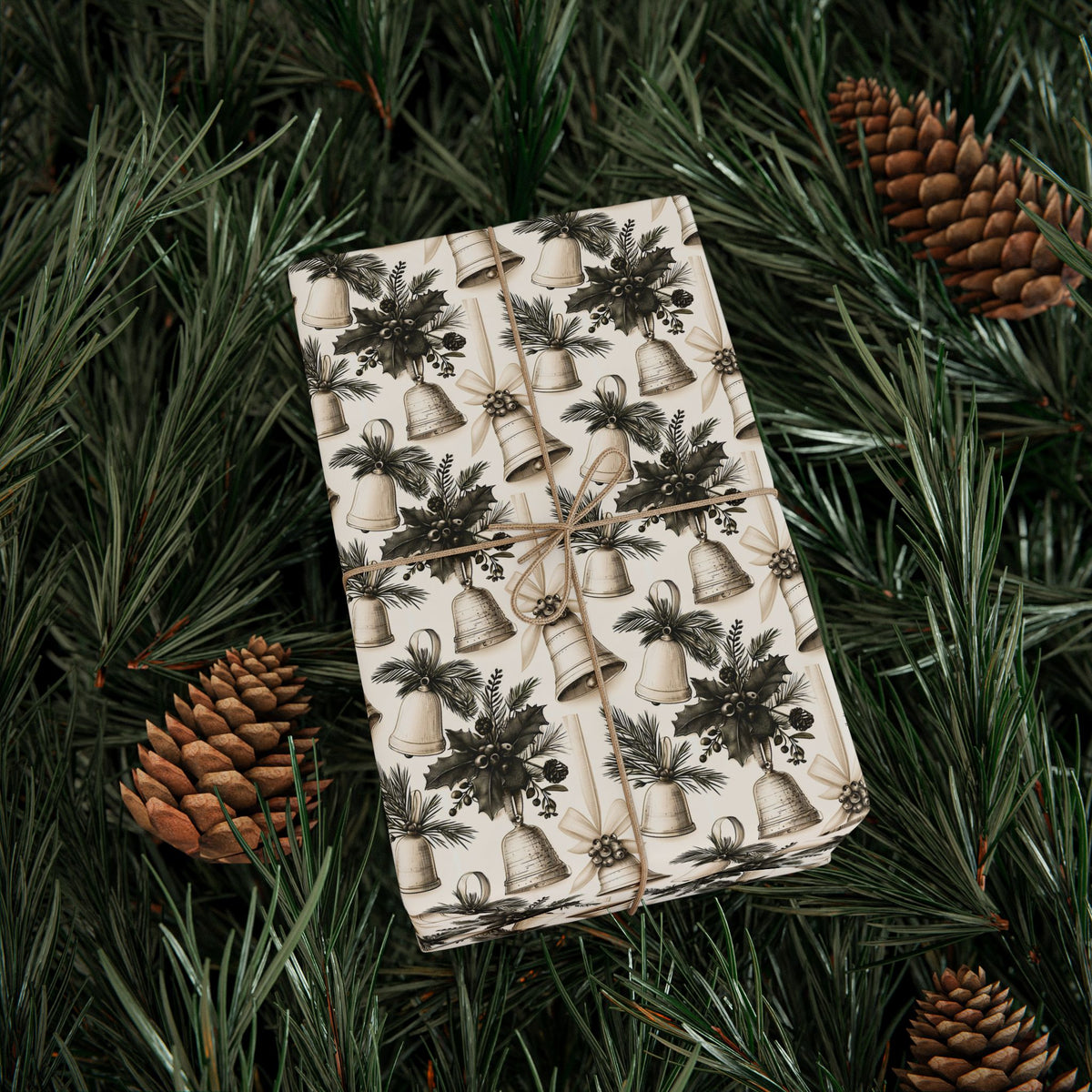 Vintage Christmas Bells Wrapping Paper, Cream Sage Green Botanical Gift Wrap Roll, Antique Holly Pine Holiday Wrap, Matte Paper, Free Shipping