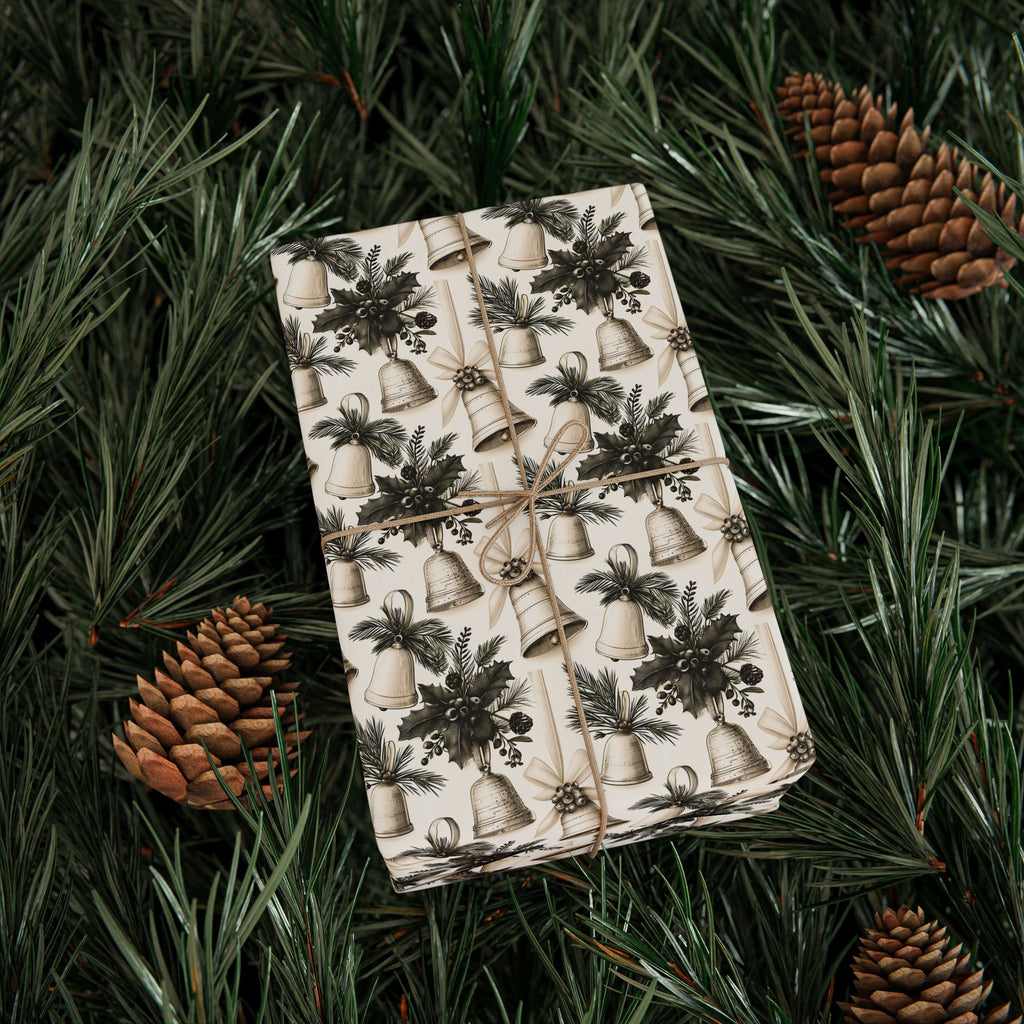 Vintage Christmas Bells Wrapping Paper, Cream Sage Green Botanical Gift Wrap Roll, Antique Holly Pine Holiday Wrap, Matte Paper, Free Shipping