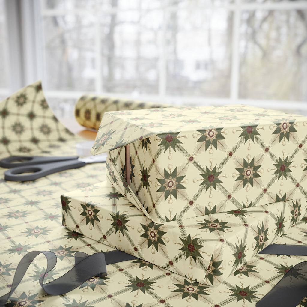 Folk Star Christmas Wrapping Paper, Sage Green Cream Quilt Block Gift Wrap Roll, Vintage Primitive Nordic Holiday Wrap, Matte Paper, Free Shipping