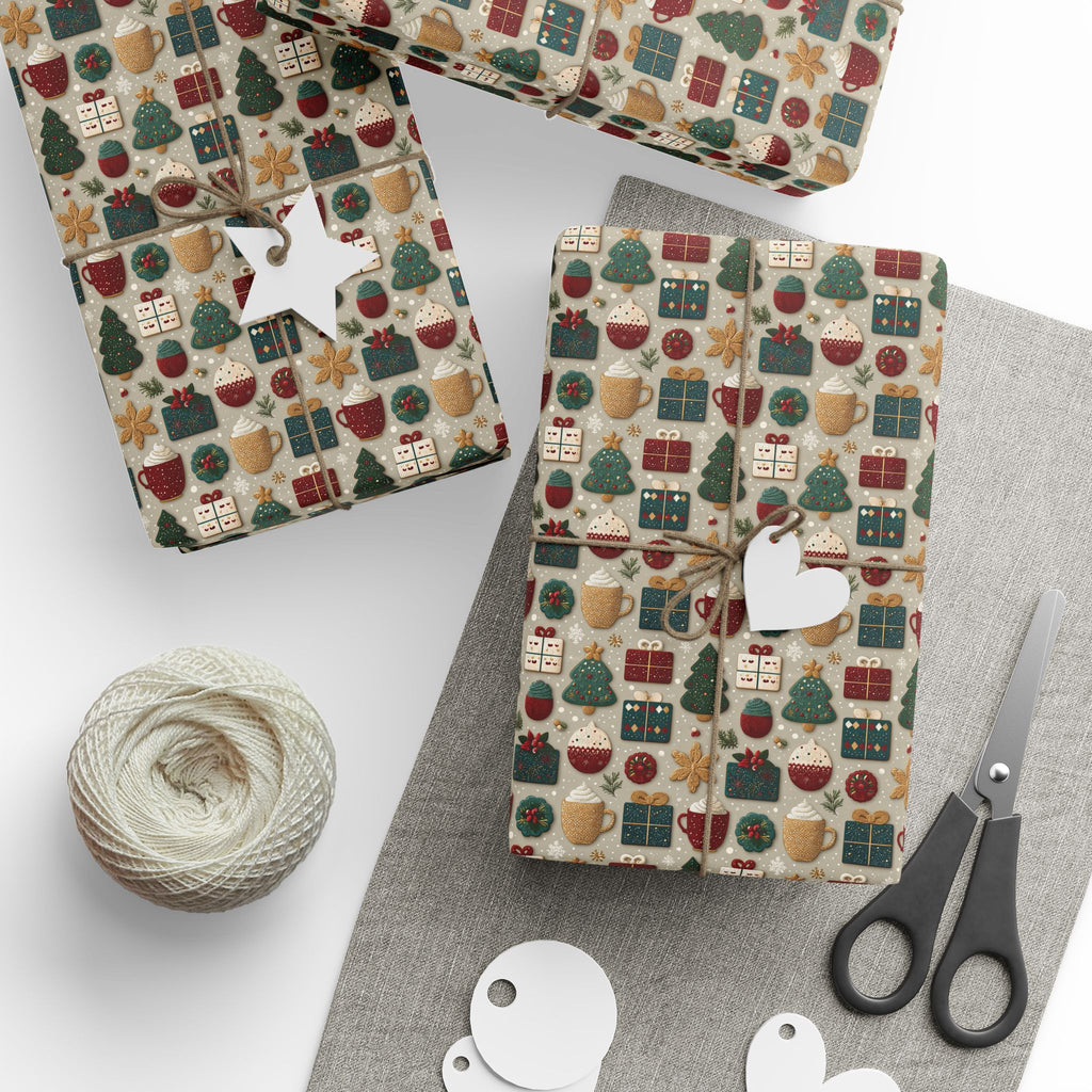 Embroidered Look Christmas Wrapping Paper, Folk Art Cookie Cocoa Gift Wrap Roll, Vintage Red Green Tan Holiday Wrap, Matte Paper, Free Shipping