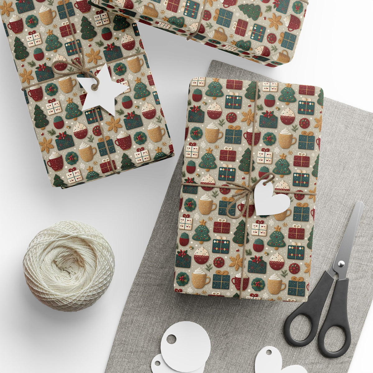 Embroidered Look Christmas Wrapping Paper, Folk Art Cookie Cocoa Gift Wrap Roll, Vintage Red Green Tan Holiday Wrap, Matte Paper, Free Shipping