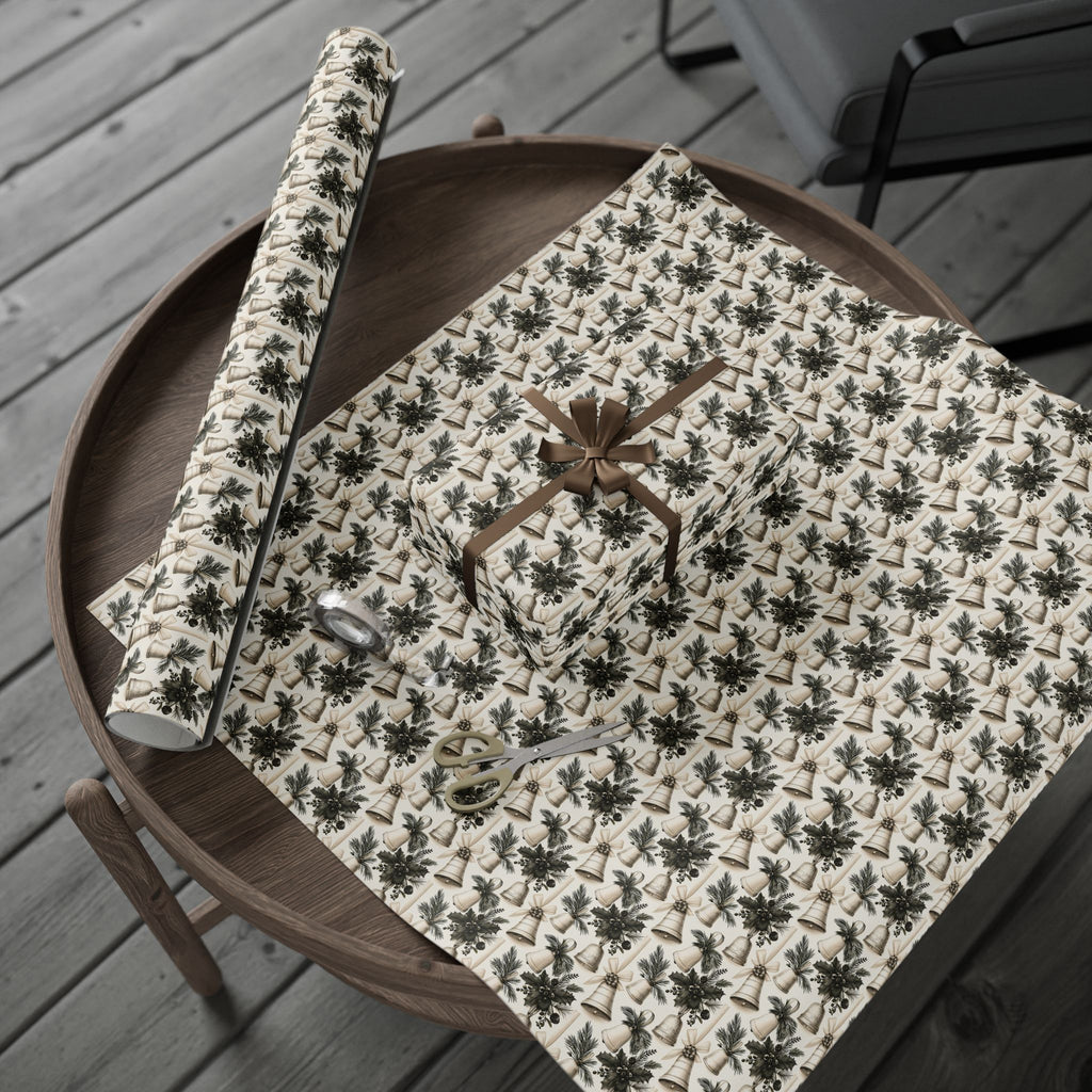 Vintage Christmas Bells Wrapping Paper, Cream Sage Green Botanical Gift Wrap Roll, Antique Holly Pine Holiday Wrap, Matte Paper, Free Shipping