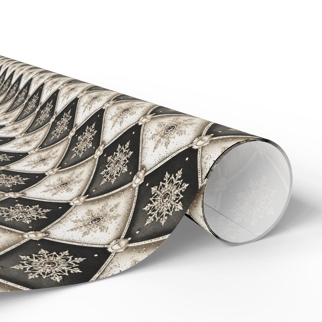 Tufted Snowflake Christmas Wrapping Paper, Black Cream Harlequin Gift Wrap Roll, Elegant Pearl Holiday Paper