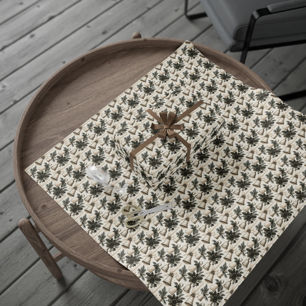 Vintage Christmas Bells Wrapping Paper, Cream Sage Green Botanical Gift Wrap Roll, Antique Holly Pine Holiday Wrap, Matte Paper, Free Shipping