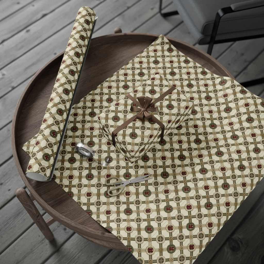 Rope Lattice Christmas Wrapping Paper, Vintage Cream Green Trellis Gift Wrap Roll, Wreath Medallion Tartan Holiday Wrap, Matte Paper, Free Shipping
