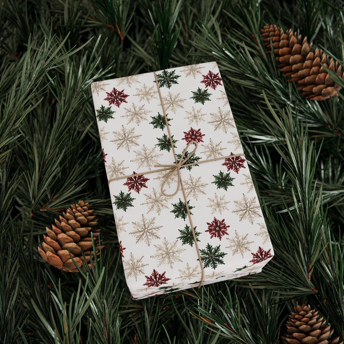 Watercolor Snowflake Christmas Wrapping Paper, Red Green Gold Gift Wrap Roll, Classic White Holiday Paper, Matte