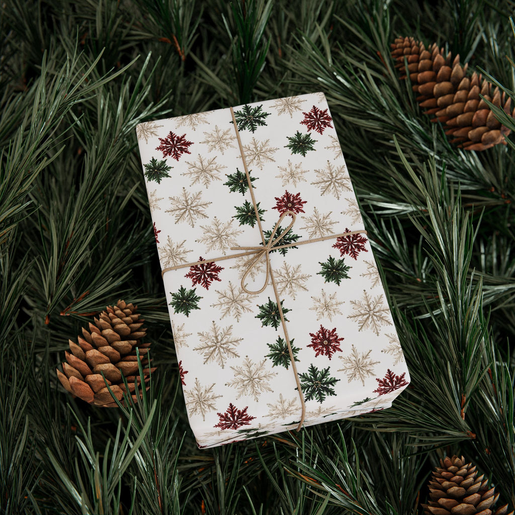 Watercolor Snowflake Christmas Wrapping Paper, Red Green Gold Gift Wrap Roll, Classic White Holiday Paper, Matte