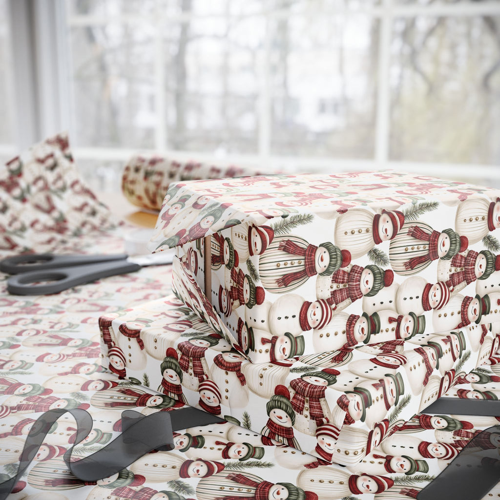 Cozy Snowman Christmas Wrapping Paper, Red Green Knit Scarf Gift Wrap Roll, Watercolor Holiday Paper, Matte