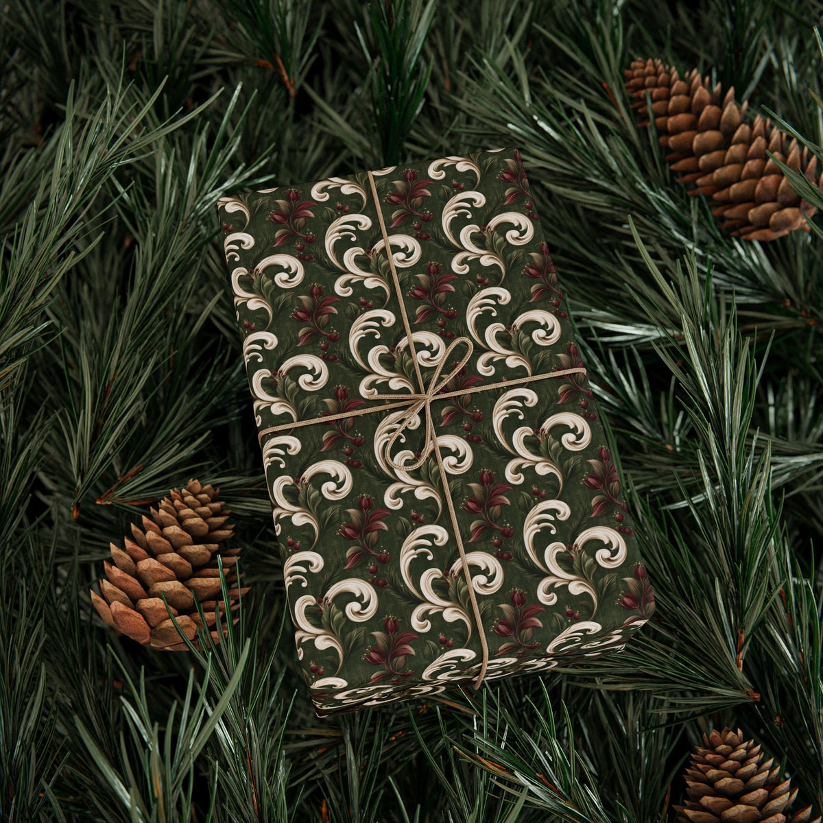 Green and Cream Damask Wrapping Paper Roll, Vintage Scroll and Berry Christmas Gift Wrap, Burgundy Floral Baroque Holiday Paper, Elegant Christmas Wrap