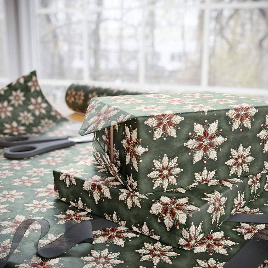 Jeweled Snowflake Christmas Wrapping Paper, Forest Green Gift Wrap Roll, Ruby Pearl Vintage Brooch Holiday Paper