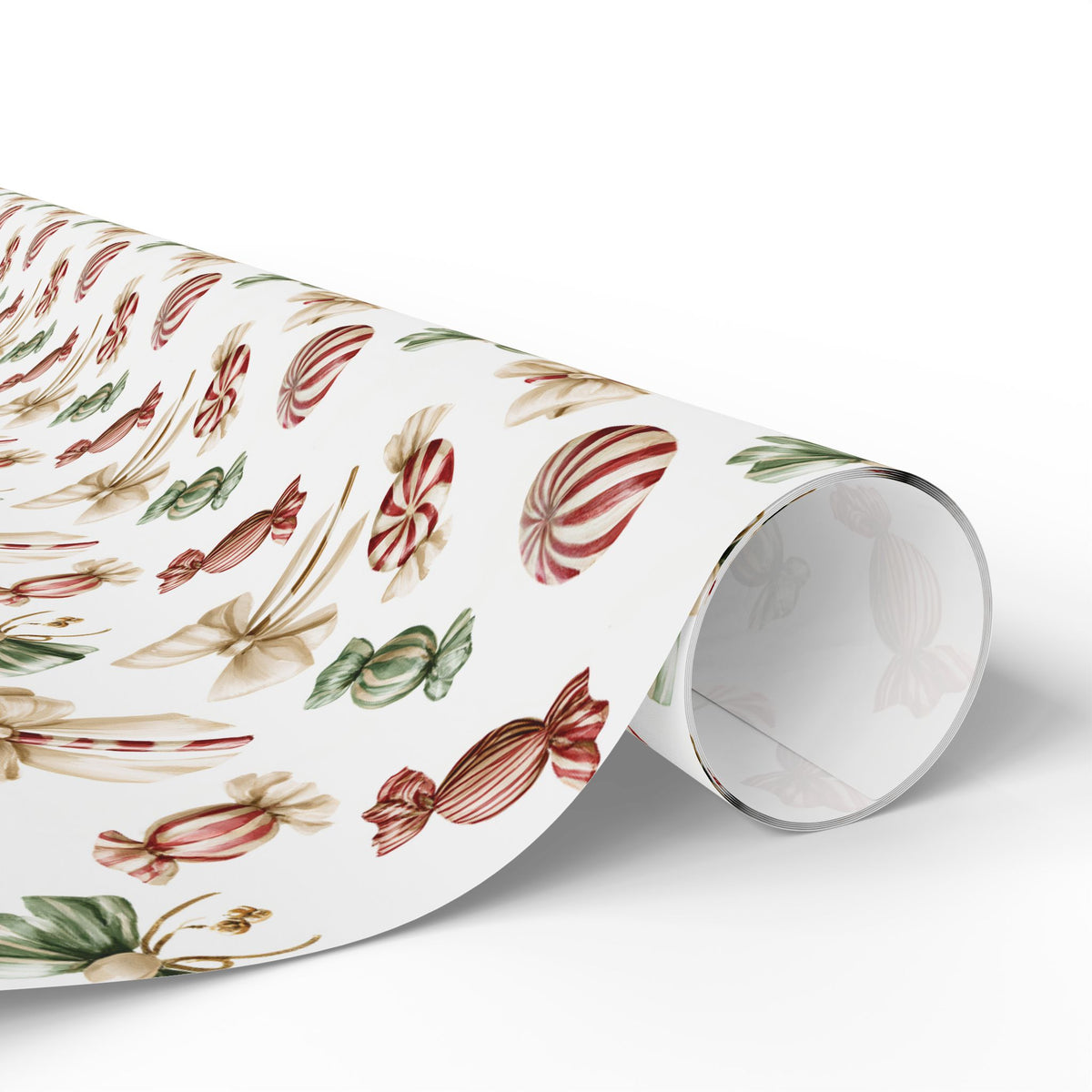 Watercolor Christmas Candy Wrapping Paper, White Coquette Bow Gift Wrap Roll, Peppermint Sweets Holiday Wrap, Matte Paper, Free Shipping