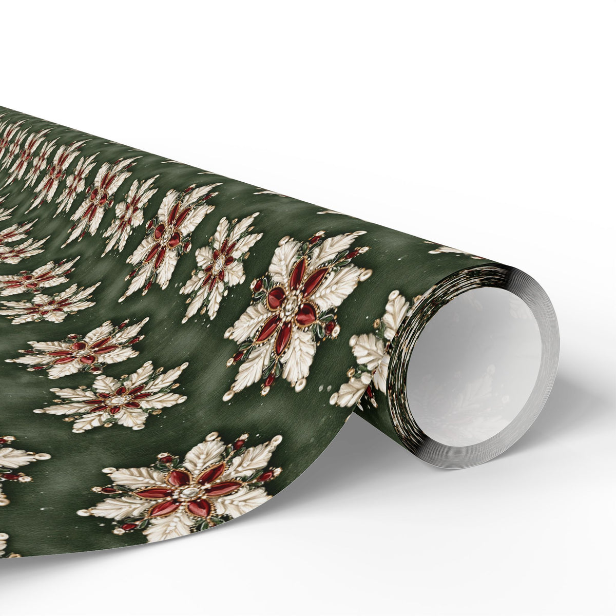 Jeweled Snowflake Christmas Wrapping Paper, Forest Green Gift Wrap Roll, Ruby Pearl Vintage Brooch Holiday Paper