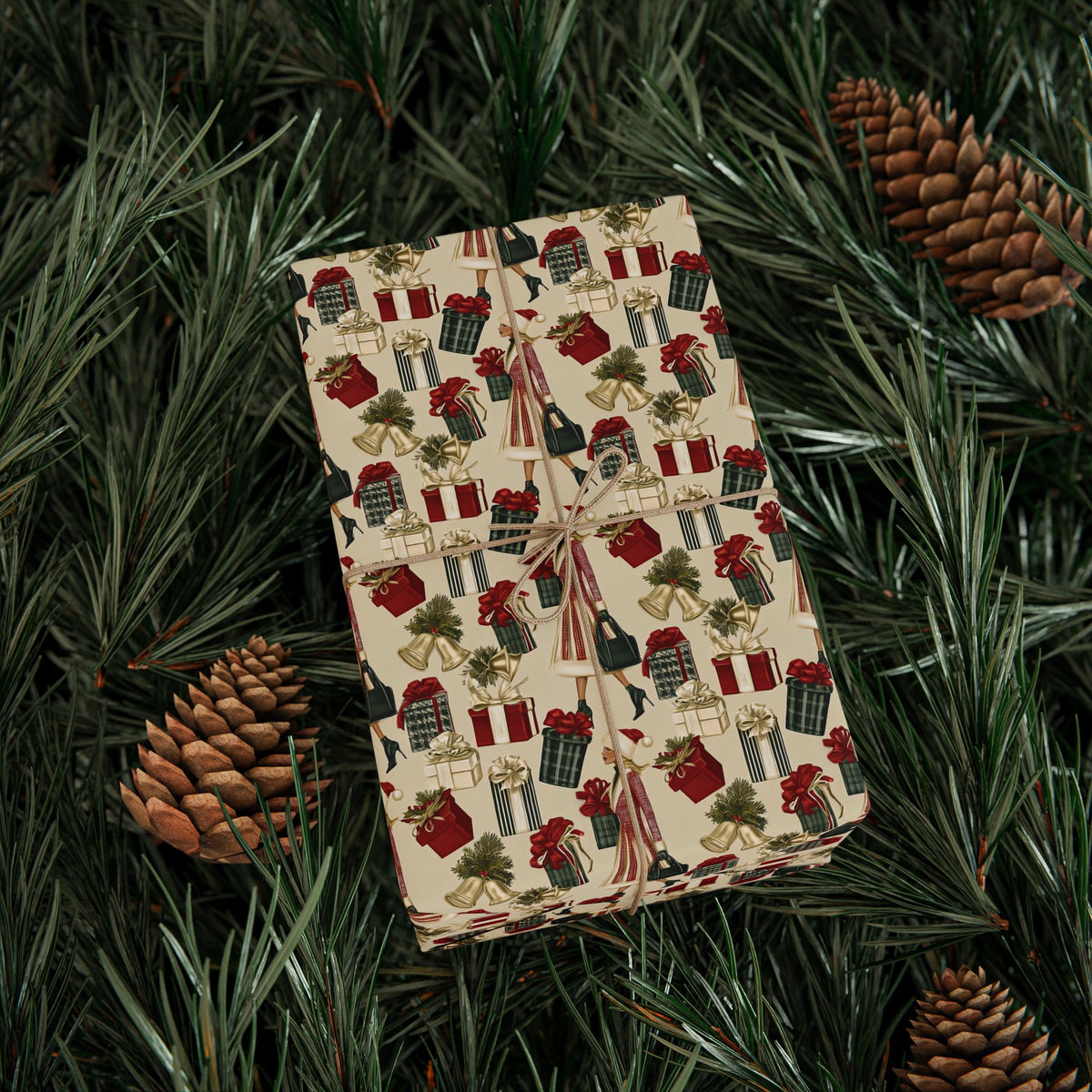 Retro Holiday Shopper Christmas Wrapping Paper, Vintage Fashion Gift Wrap Roll, Red Green Gold Bells Holiday Paper