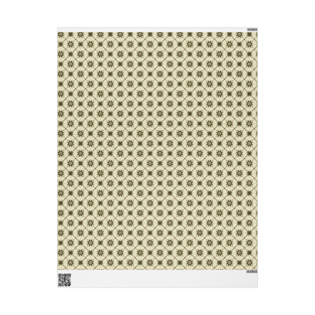 Folk Star Christmas Wrapping Paper, Sage Green Cream Quilt Block Gift Wrap Roll, Vintage Primitive Nordic Holiday Wrap, Matte Paper, Free Shipping