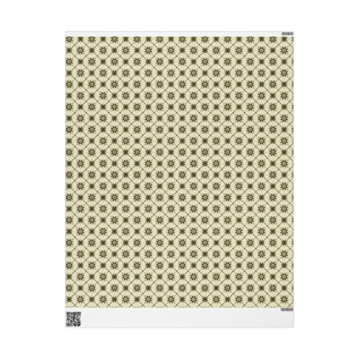 Folk Star Christmas Wrapping Paper, Sage Green Cream Quilt Block Gift Wrap Roll, Vintage Primitive Nordic Holiday Wrap, Matte Paper, Free Shipping
