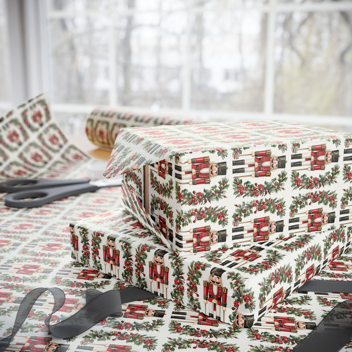 Red Nutcracker Christmas Wrapping Paper, Holly Berry Toy Soldier Gift Wrap Roll, Classic Watercolor Traditional Holiday Wrap, Matte Paper, Free Shipping