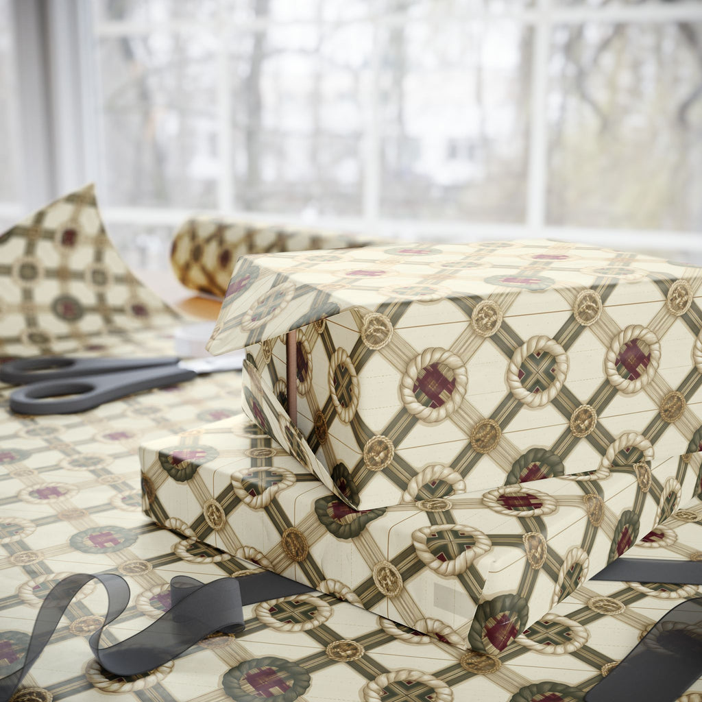 Rope Lattice Christmas Wrapping Paper, Vintage Cream Green Trellis Gift Wrap Roll, Wreath Medallion Tartan Holiday Wrap, Matte Paper, Free Shipping