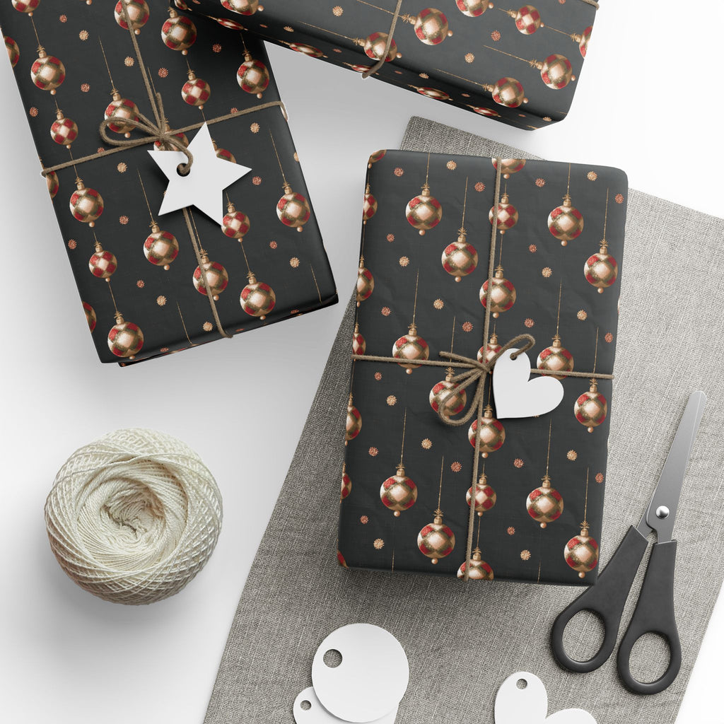 Black Plaid Ornament Wrapping Paper, Buffalo Check Bauble Gift Wrap Roll, Dark Moody Minimalist Christmas Wrap, Matte Paper, Free Shipping