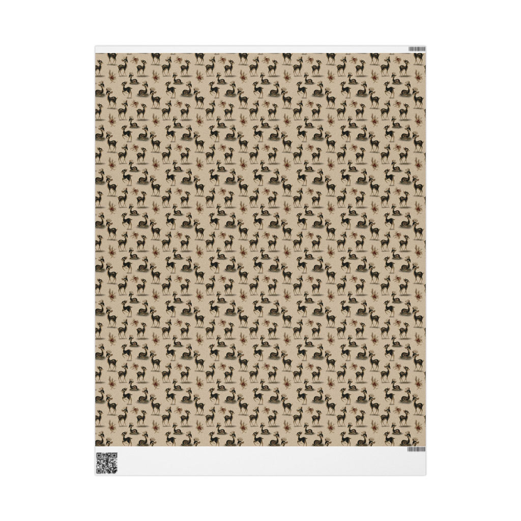 Retro Kitsch Fawn Christmas Wrapping Paper, Vintage Deer Gift Wrap Roll, Cream and Charcoal Holiday Paper, Matte