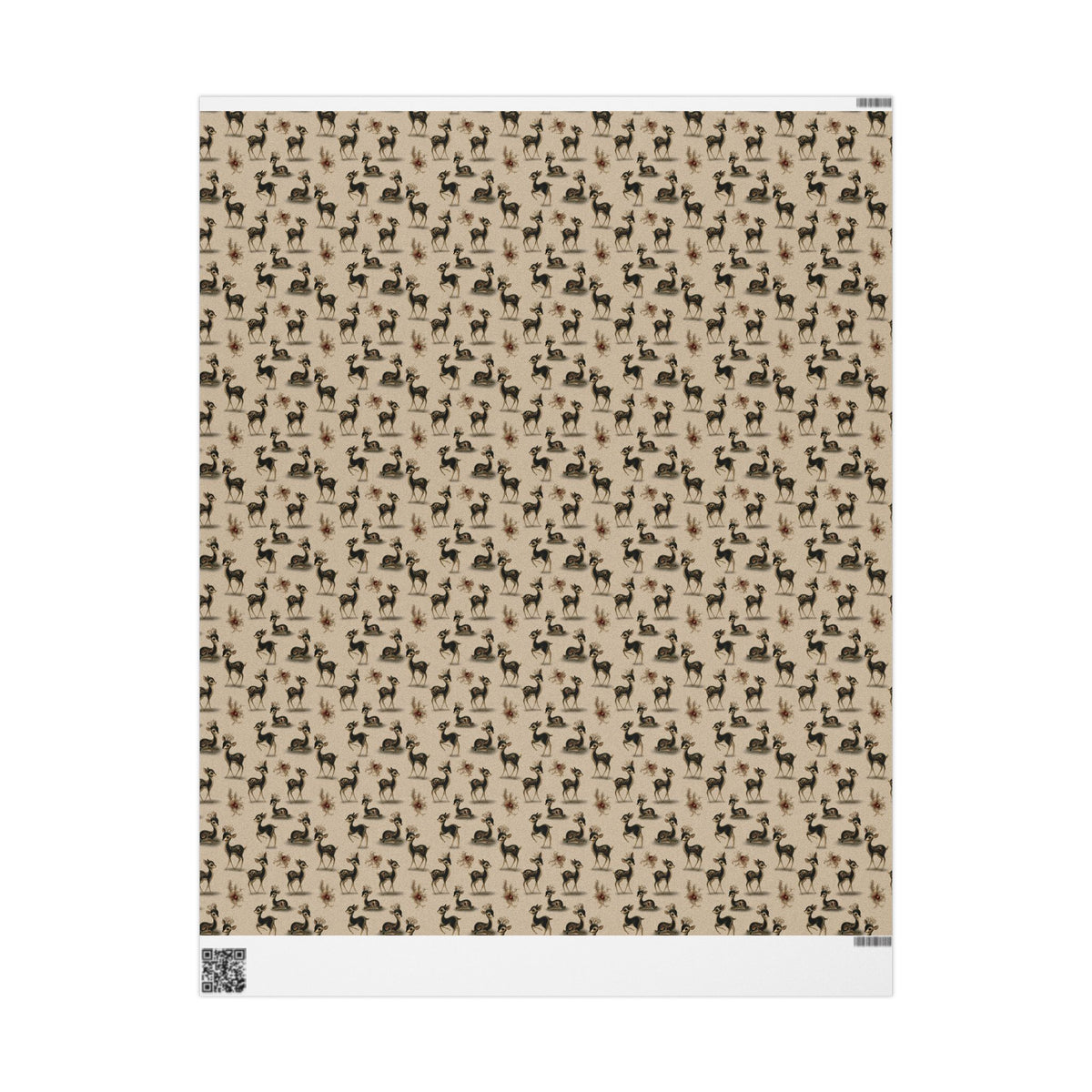 Retro Kitsch Fawn Christmas Wrapping Paper, Vintage Deer Gift Wrap Roll, Cream and Charcoal Holiday Paper, Matte