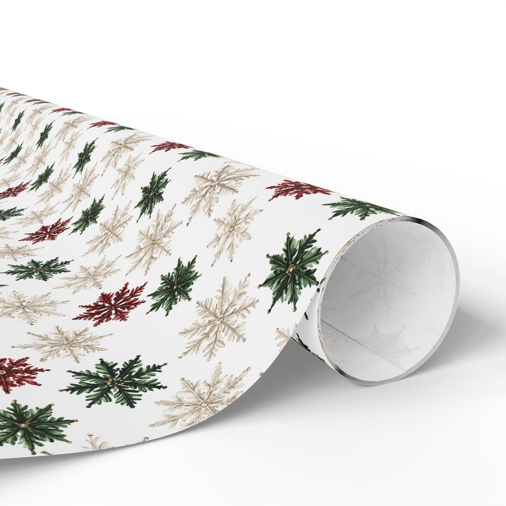Watercolor Snowflake Christmas Wrapping Paper, Red Green Gold Gift Wrap Roll, Classic White Holiday Paper, Matte
