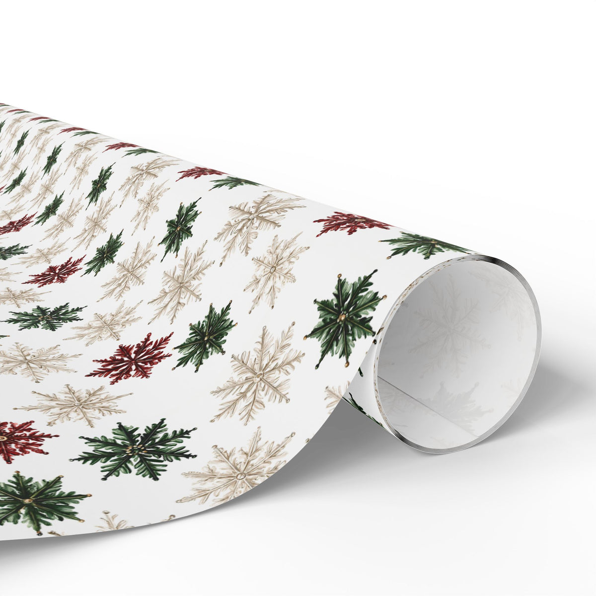 Watercolor Snowflake Christmas Wrapping Paper, Red Green Gold Gift Wrap Roll, Classic White Holiday Paper, Matte