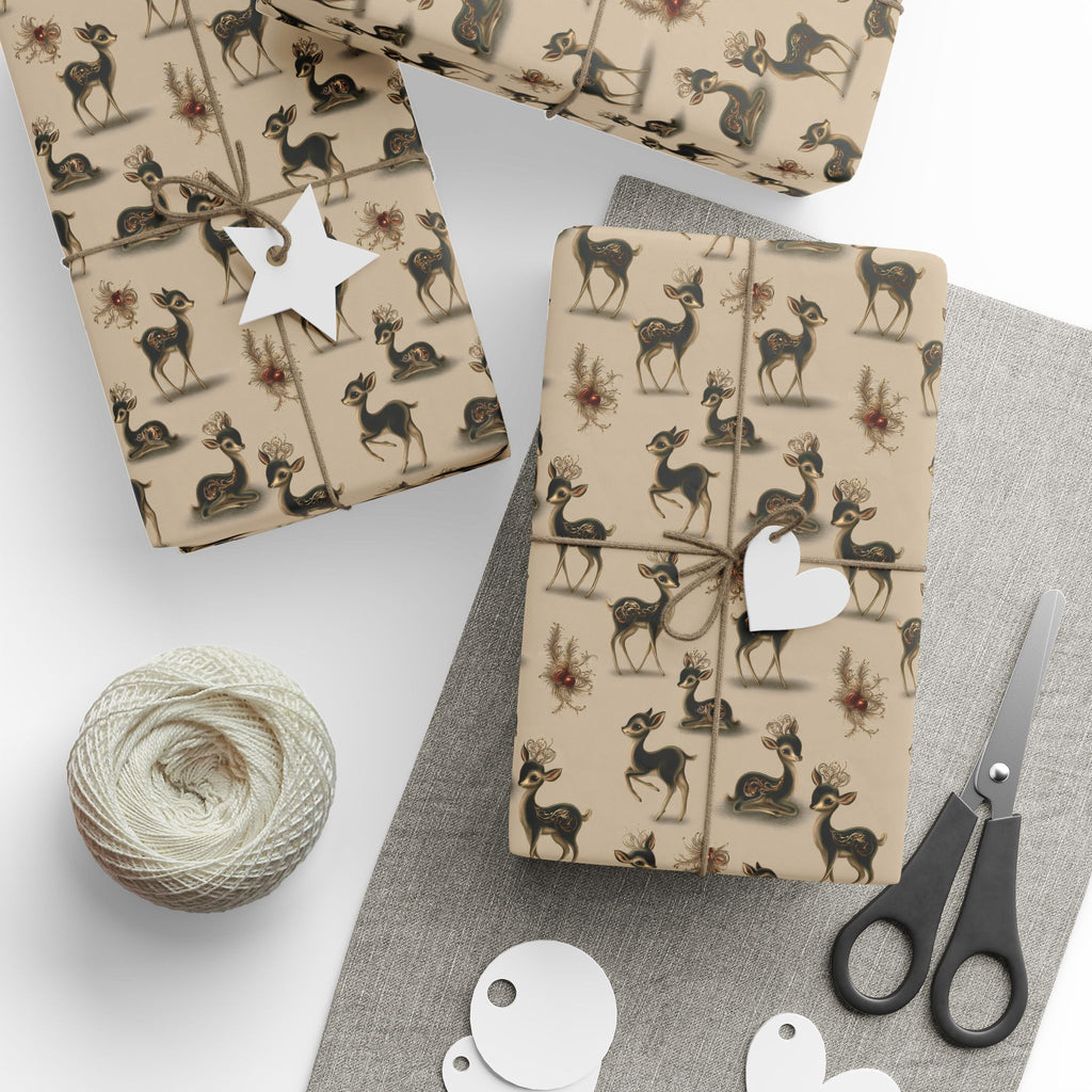 Retro Kitsch Fawn Christmas Wrapping Paper, Vintage Deer Gift Wrap Roll, Cream and Charcoal Holiday Paper, Matte