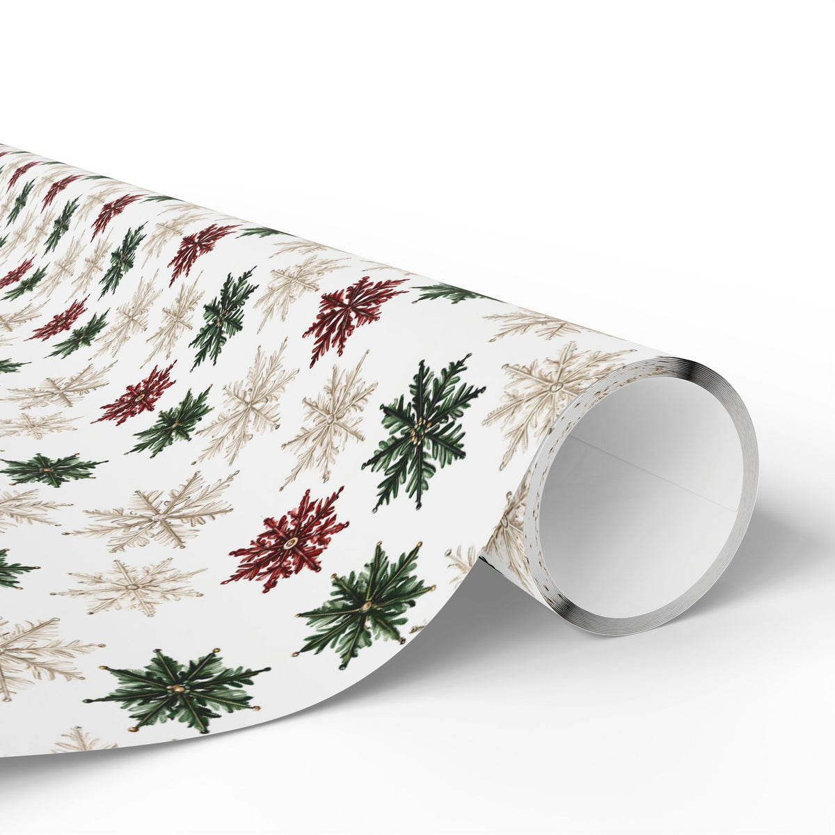 Watercolor Snowflake Christmas Wrapping Paper, Red Green Gold Gift Wrap Roll, Classic White Holiday Paper, Matte
