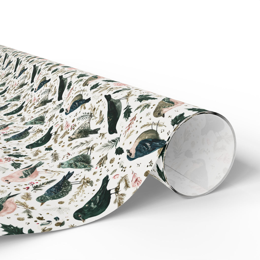 Watercolor Winter Bird Wrapping Paper, Pink Green Gold Botanical Gift Wrap Roll, Elegant Holiday Paper, Matte