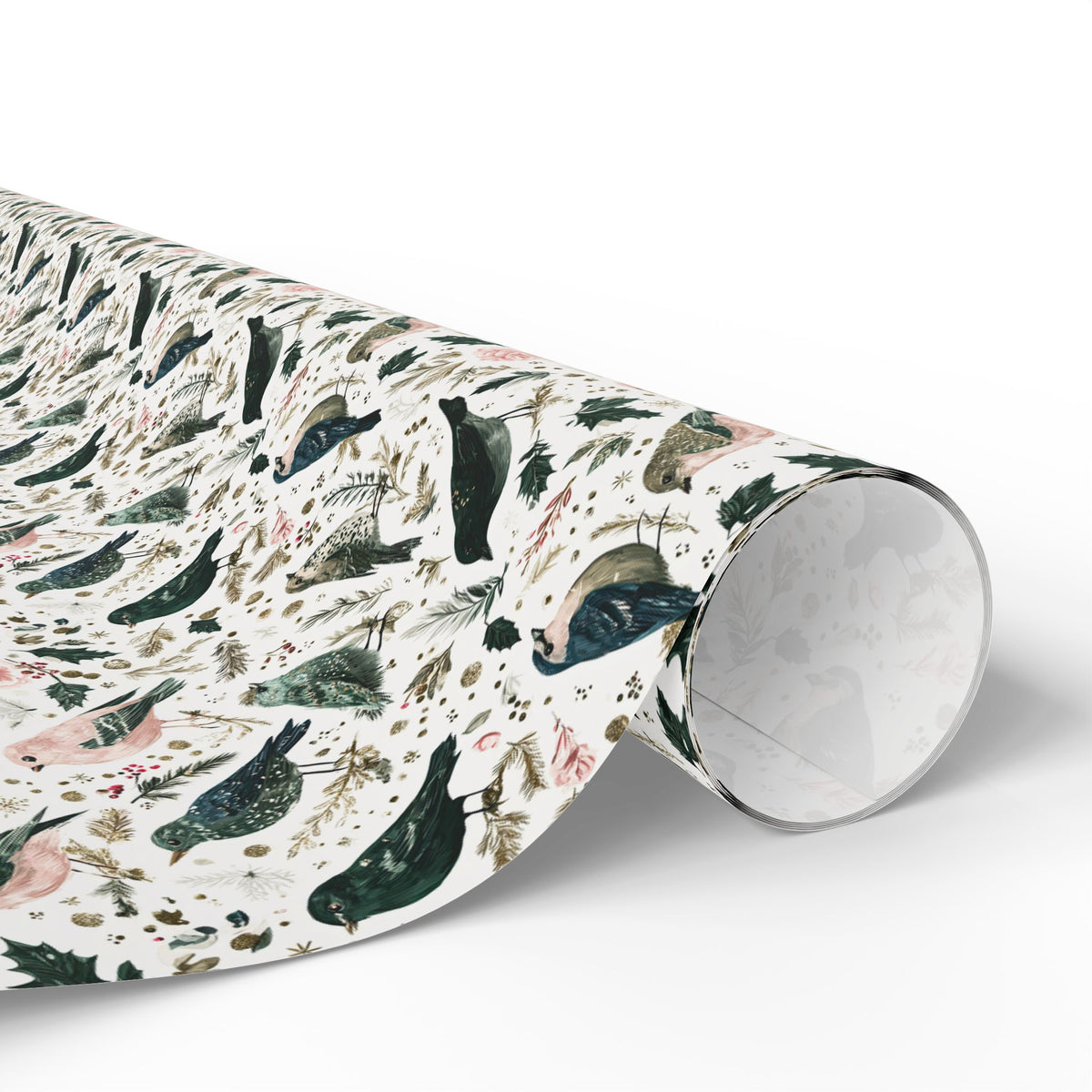 Watercolor Winter Bird Wrapping Paper, Pink Green Gold Botanical Gift Wrap Roll, Elegant Holiday Paper, Matte
