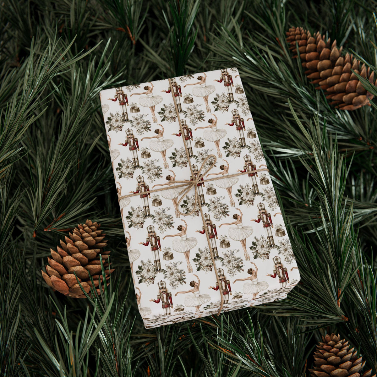 Nutcracker Ballerina Wrapping Paper, Sugar Plum Ballet Gift Wrap Roll, White Cream Christmas Dancer Holiday Wrap, Matte Paper, Free Shipping
